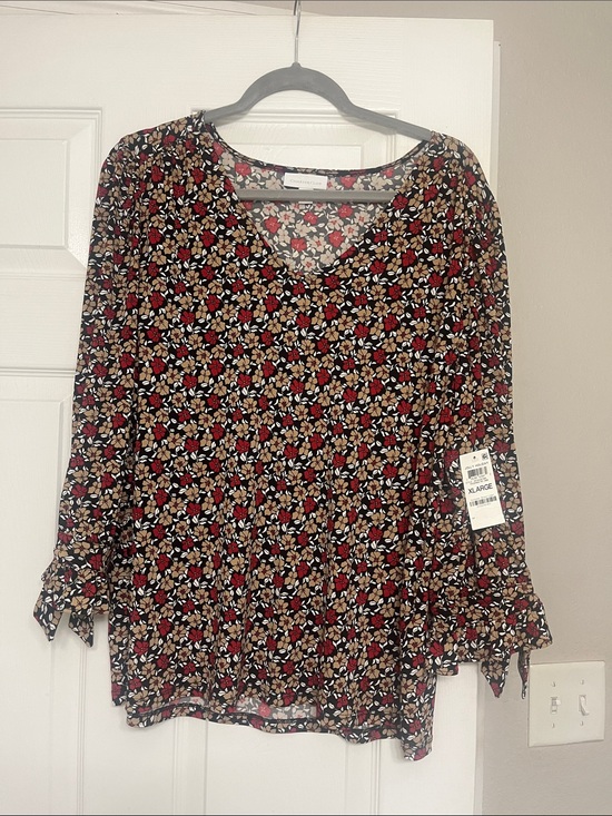 Charter Club Tops - Charter Club Black Floral V-Neck Blouse with Red and Tan Flowers